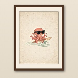 Octopus Surfing Art Print | Ocean Coastal Baby Room Wall Art | Beach Nursery Decor | Printable Baby Shower Gift