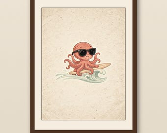 Octopus Surfing Art Print | Ocean Coastal Baby Room Wall Art | Beach Nursery Decor | Printable Baby Shower Gift