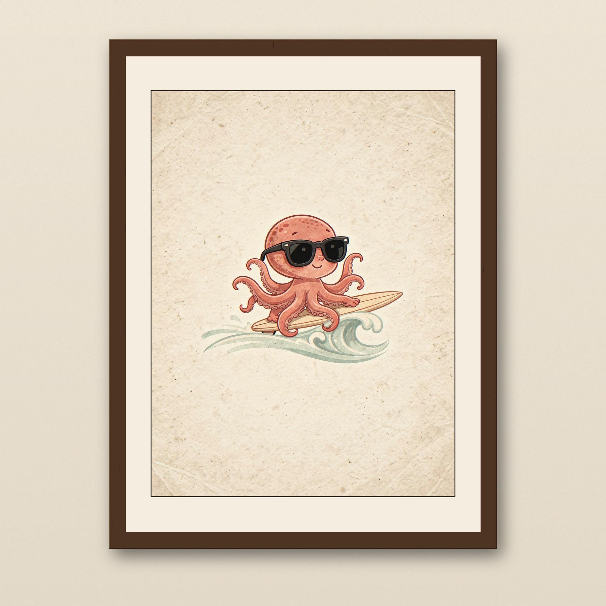 Octopus Surfing Art Print - walnut framed art print with cream mat on plaster wall