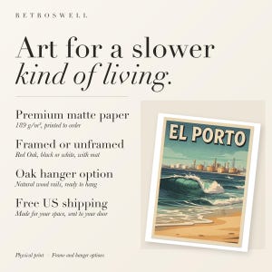 RetroSwell print details for El Porto Manhattan Beach Surf: premium 189 g/m² matte paper, framed or unframed, oak hanger option, free US shipping.