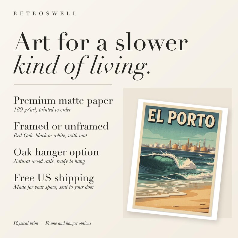 RetroSwell print details for El Porto Manhattan Beach Surf: premium 189 g/m² matte paper, framed or unframed, oak hanger option, free US shipping.
