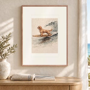 Goldendoodle Surfing Art Print, Framed or Unframed Coastal Dog Poster image 12