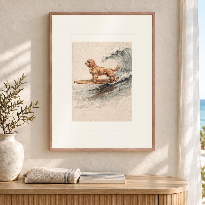 Goldendoodle Surfing Art Print, Framed or Unframed Coastal Dog Poster image 12