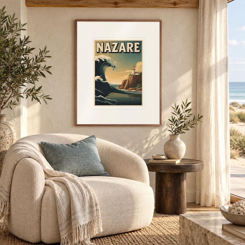 Nazare Surf print in a Red Oak frame with a white mat in a light-filled coastal sitting room.