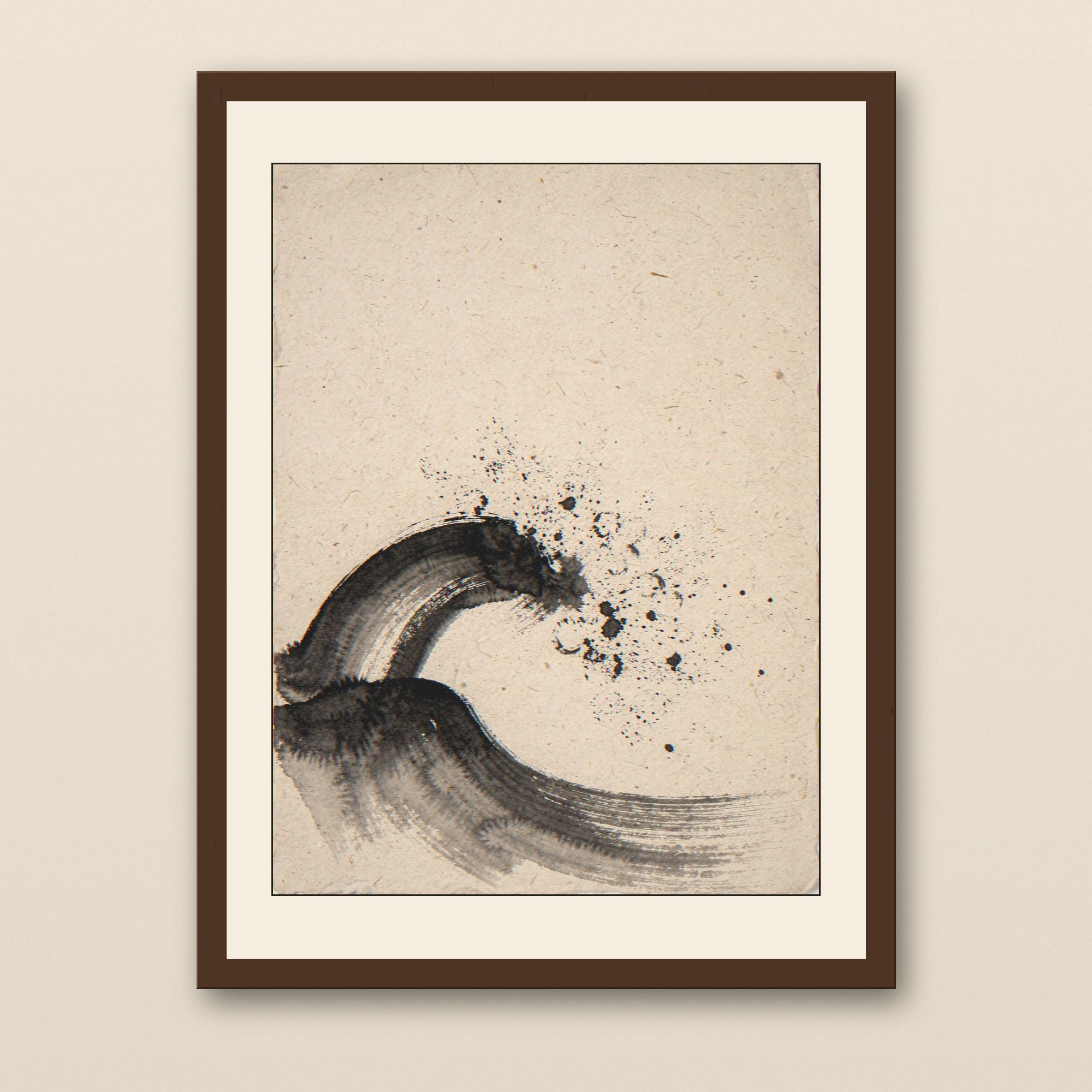 Sumi-e Wave Ink Painting Print - walnut framed art print with cream mat on plaster wall