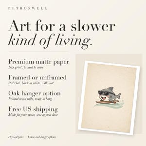 RetroSwell print details for Shark Surfing: premium 189 g/m² matte paper, framed or unframed, oak hanger option, free US shipping.