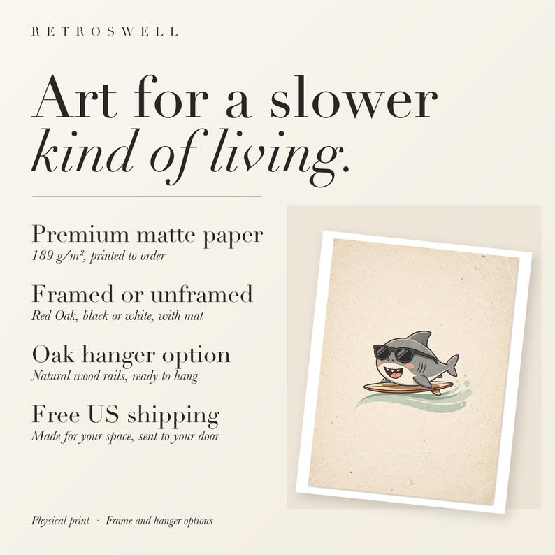 RetroSwell print details for Shark Surfing: premium 189 g/m² matte paper, framed or unframed, oak hanger option, free US shipping.