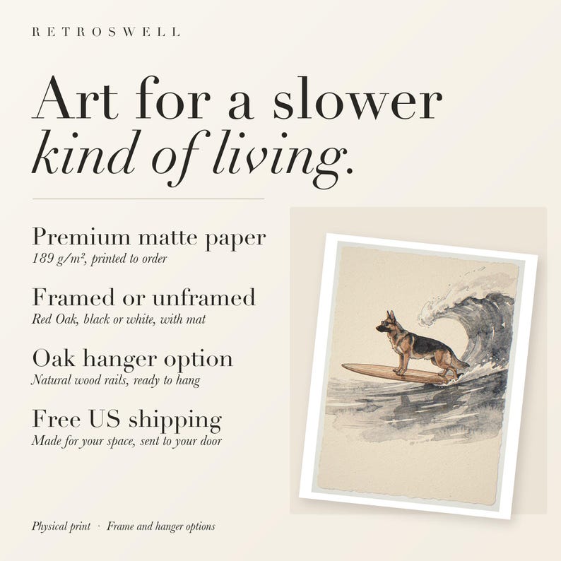 RetroSwell print details for German Shepherd Surfing: premium 189 g/m² matte paper, framed or unframed, oak hanger option, free US shipping.