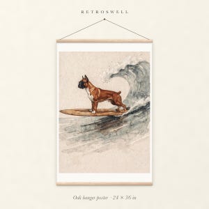 Boxer Surfing oak hanger poster, 24 by 36 inches, with natural wood rails and a hanging cord.