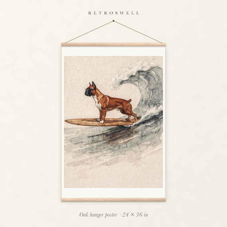 Boxer Surfing oak hanger poster, 24 by 36 inches, with natural wood rails and a hanging cord.