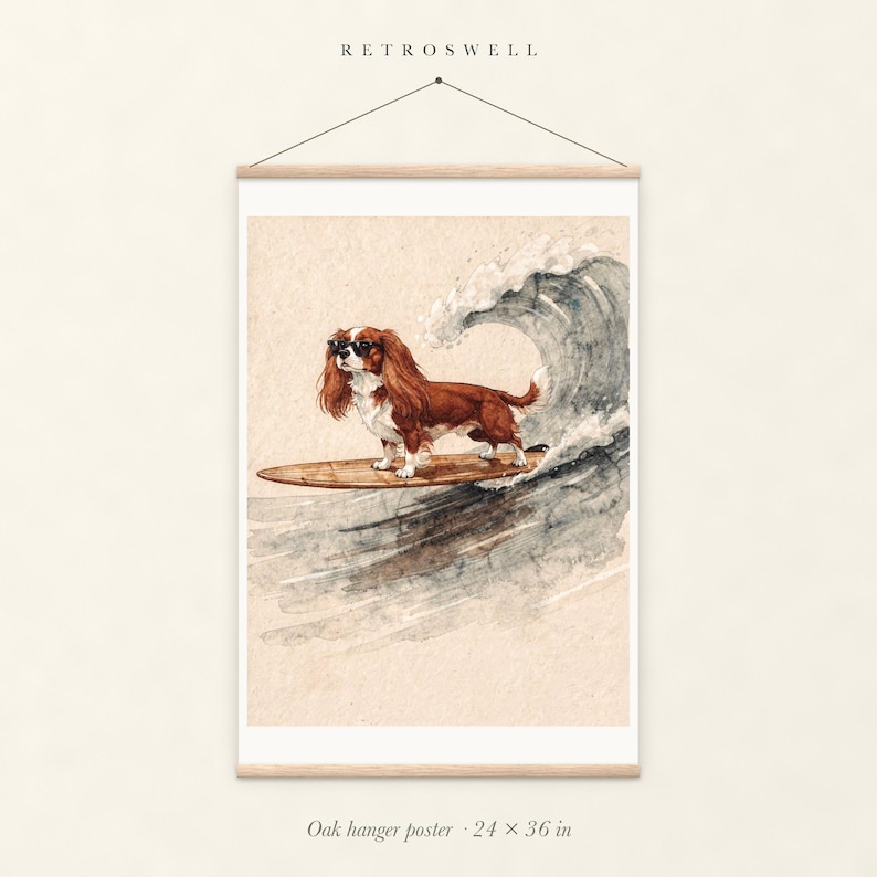 Cavalier King Charles Spaniel Surfing oak hanger poster, 24 by 36 inches, with natural wood rails and a hanging cord.