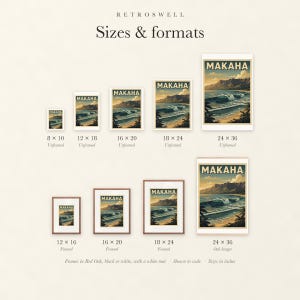 Sizes and formats for Makaha Surf, shown to scale: unframed prints from 8 by 10 to 24 by 36 inches, oak hanger and framed prints.