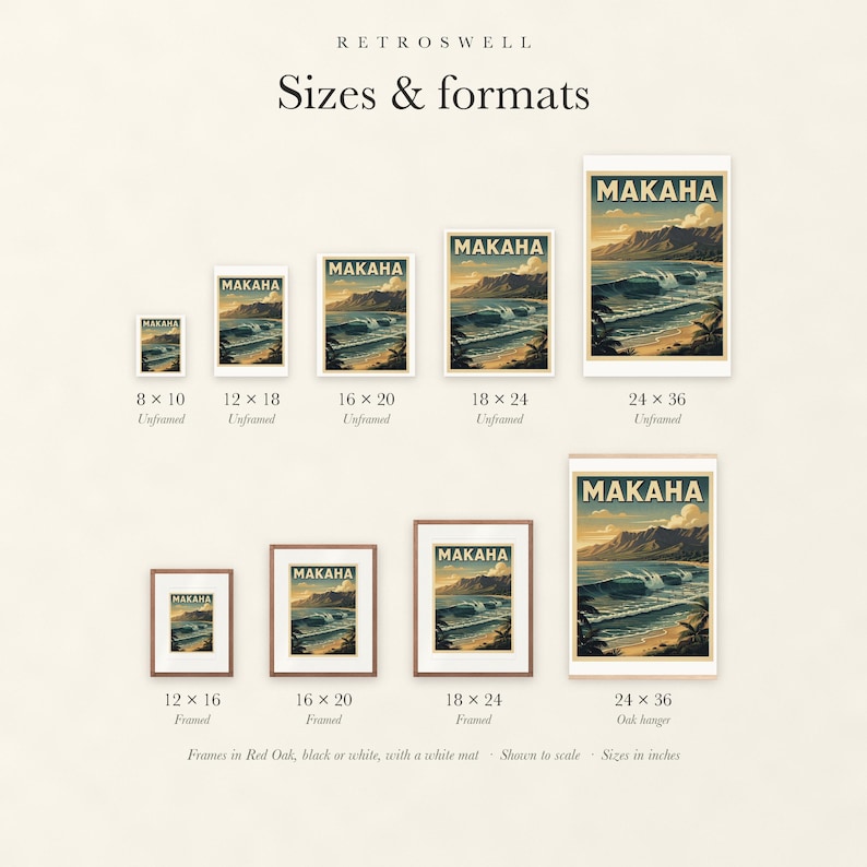 Sizes and formats for Makaha Surf, shown to scale: unframed prints from 8 by 10 to 24 by 36 inches, oak hanger and framed prints.