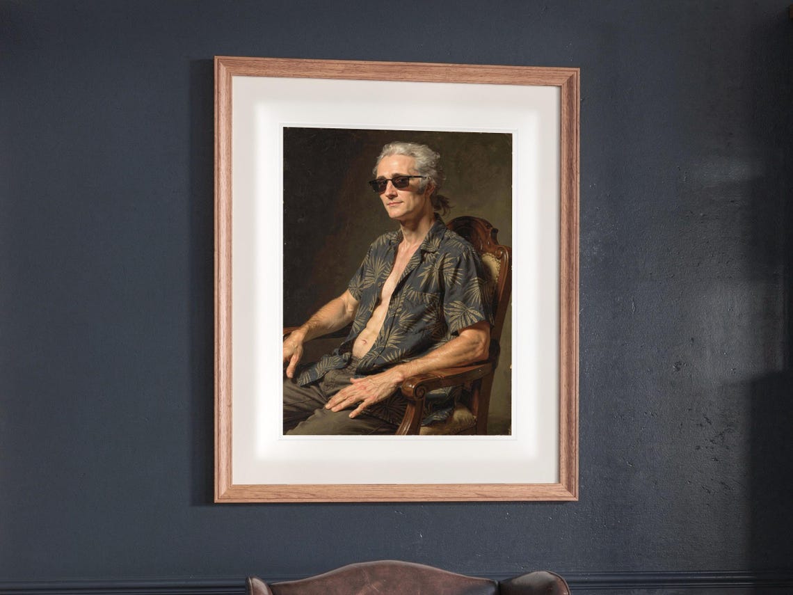 Alexander Hamilton Surfer print in a Red Oak frame with a white mat, hanging on the wall between the shelves in a home library.