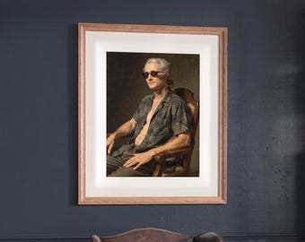 May include: A framed portrait of a person with grey hair wearing dark sunglasses and an unbuttoned short-sleeved shirt with a palm leaf pattern. The person is seated in a wooden chair against a dark, muted background, captured in a realistic painting style.