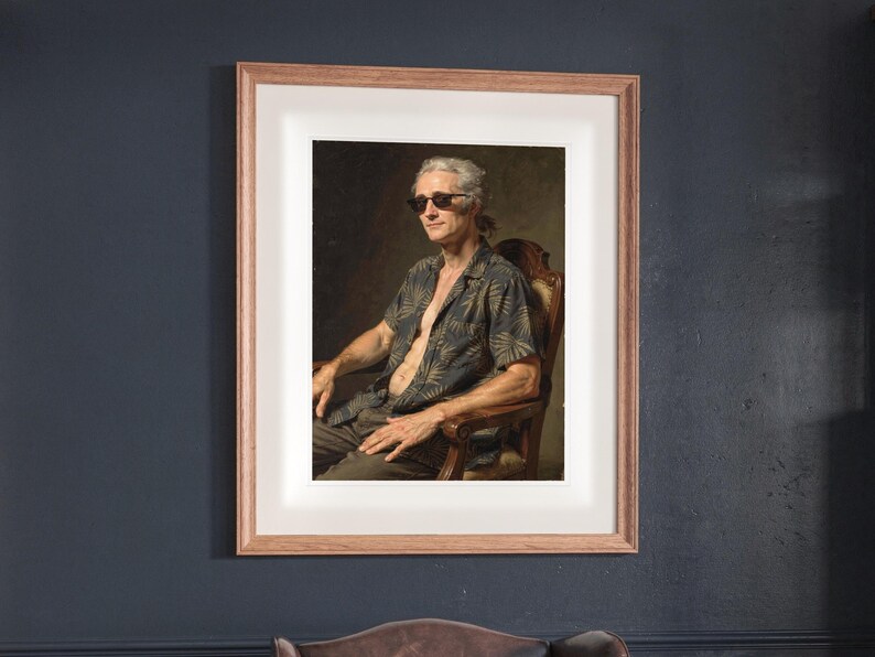 Alexander Hamilton Surfer print in a Red Oak frame with a white mat, hanging on the wall between the shelves in a home library.