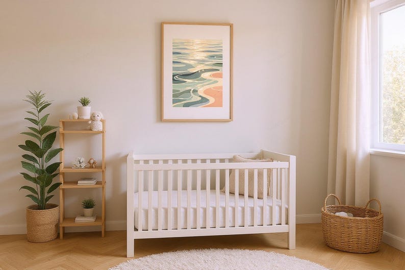 Ocean Ripples Art Print framed in a beach-style living room setting