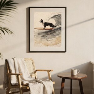 Border Collie surfingtryck, surfhundbarnrumskonst, kustnära barnrumsdekor, hundälskarepresent, utskrivbar väggkonst digital nedladdning bild 8