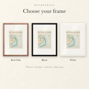 Frame options for Outer Banks Surf Map: Red Oak, black and white wood frames, each with a white mat.
