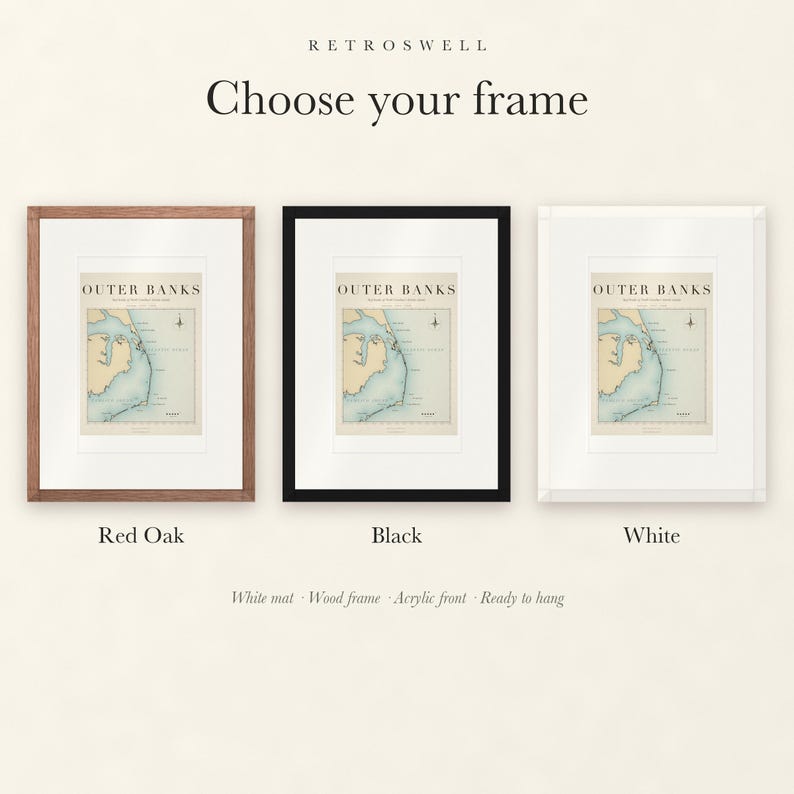 Frame options for Outer Banks Surf Map: Red Oak, black and white wood frames, each with a white mat.
