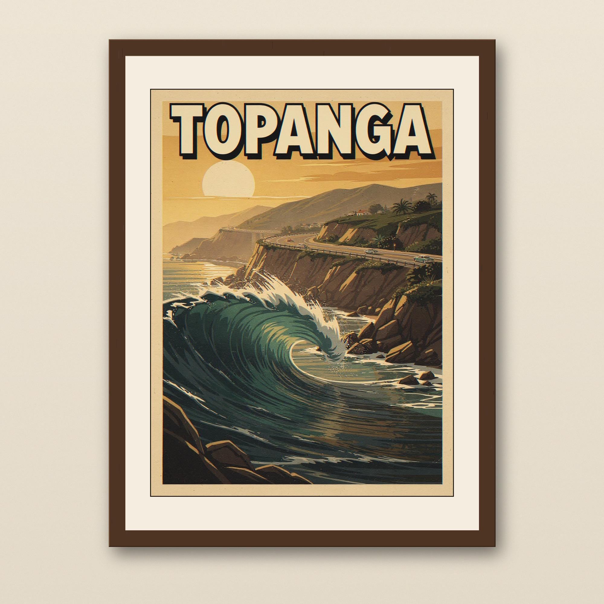 Topanga Beach Surf Poster - walnut framed art print with cream mat on plaster wall