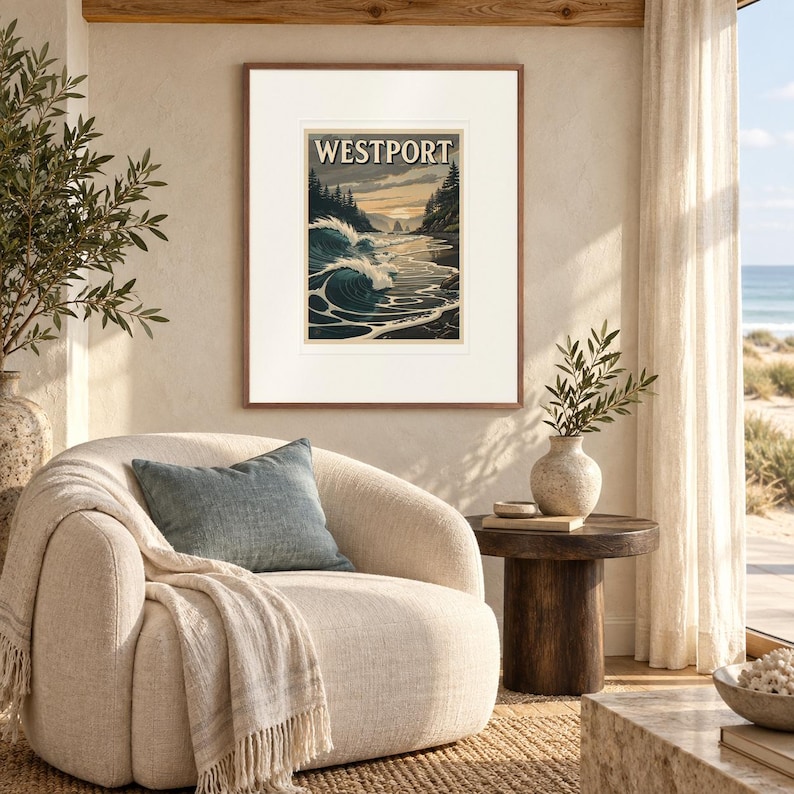 Westport Surf print in a Red Oak frame with a white mat in a light-filled coastal sitting room.