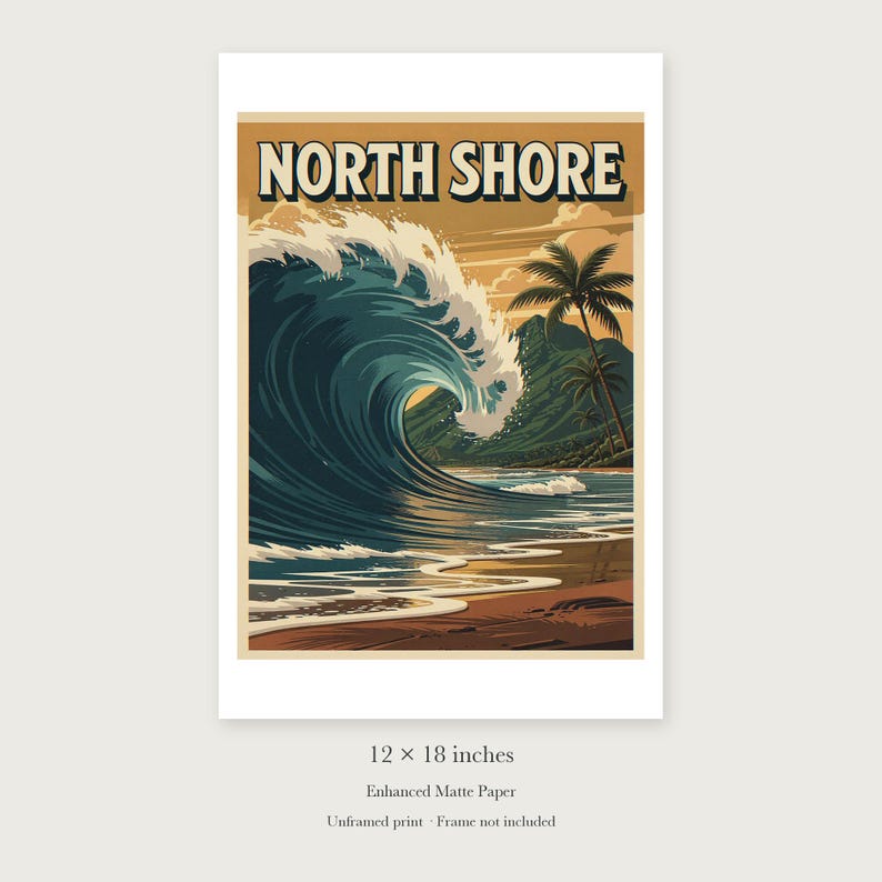 North Shore Surf unframed 12 by 18 inch print on enhanced matte paper, shown with its white paper border.