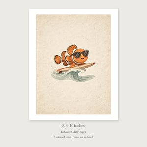 Surfing Clownfish unframed 8 by 10 inch print on enhanced matte paper, shown with its white paper border.