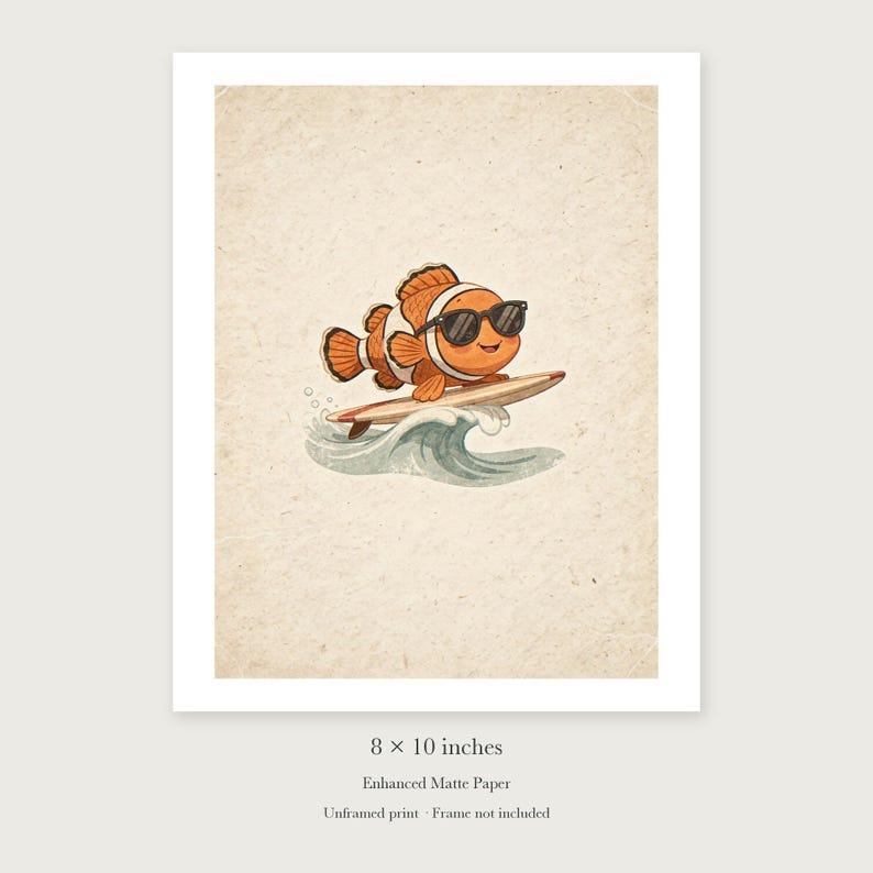 Surfing Clownfish unframed 8 by 10 inch print on enhanced matte paper, shown with its white paper border.