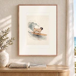 Pug Surfing Art Print, Framed or Unframed Coastal Dog Poster image 12
