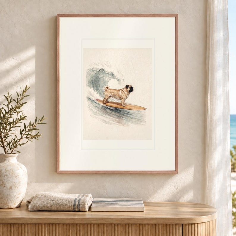 Pug Surfing Art Print, Framed or Unframed Coastal Dog Poster image 12