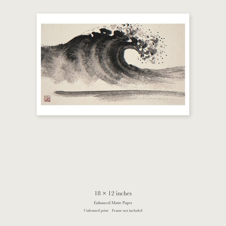 Crashing Wave Xieyi Ink unframed 18 by 12 inch print on enhanced matte paper, shown with its white paper border.
