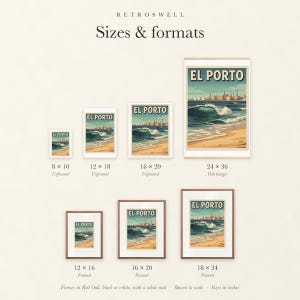 Sizes and formats for El Porto Manhattan Beach Surf, shown to scale: unframed prints, oak hanger and framed prints.