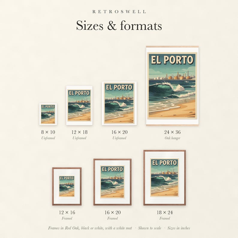 Sizes and formats for El Porto Manhattan Beach Surf, shown to scale: unframed prints, oak hanger and framed prints.