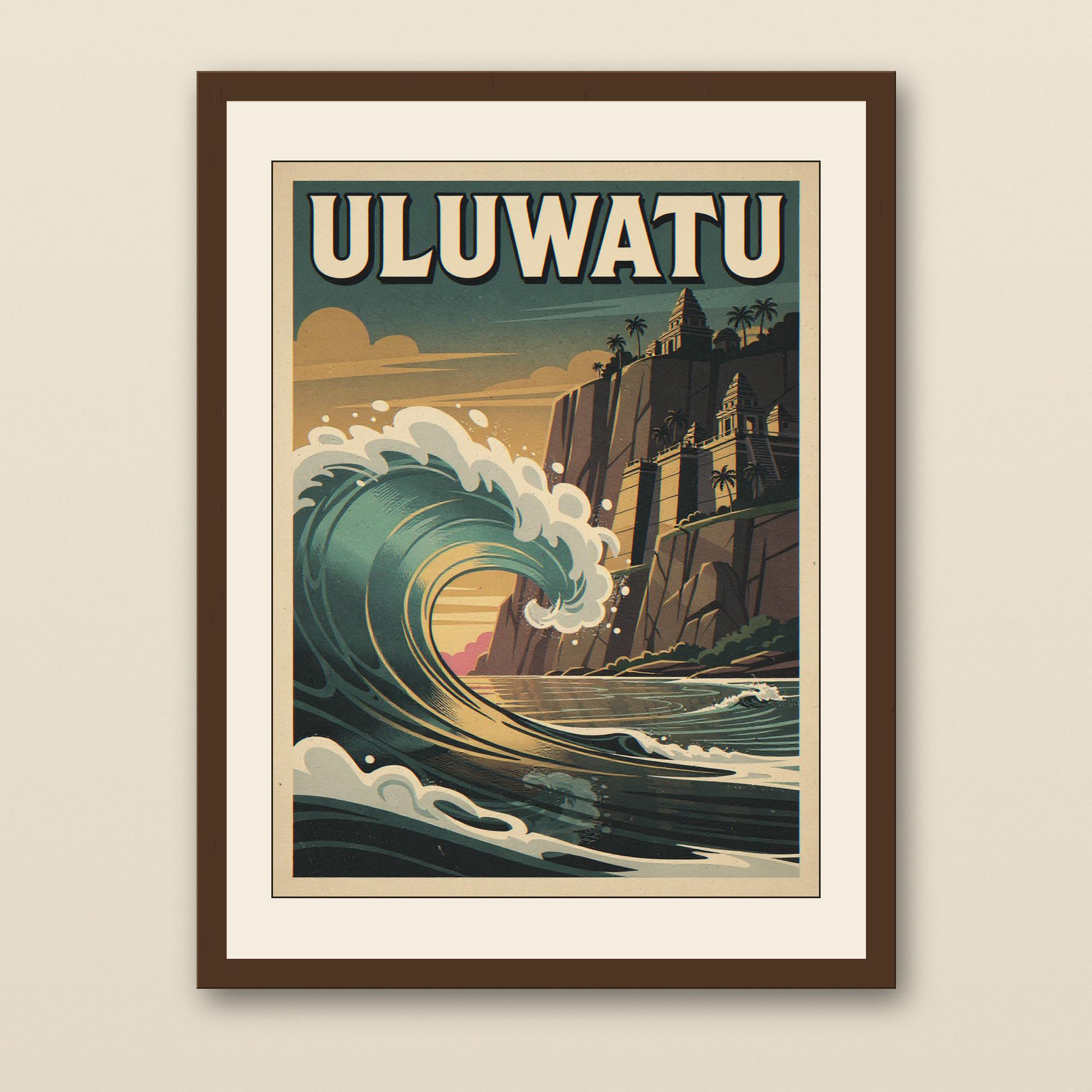 Uluwatu Bali Surf Poster - walnut framed art print with cream mat on plaster wall