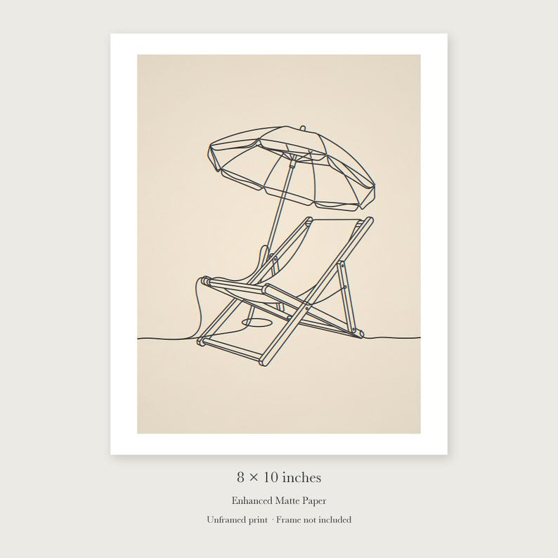 Beach Chair and Umbrella Line unframed 8 by 10 inch print on enhanced matte paper, shown with its white paper border.