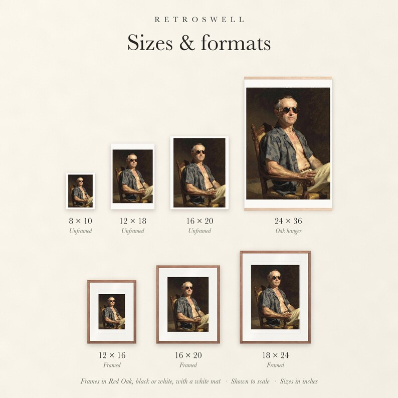 Sizes and formats for Calvin Coolidge Surfer, shown to scale: unframed prints, oak hanger and framed prints.