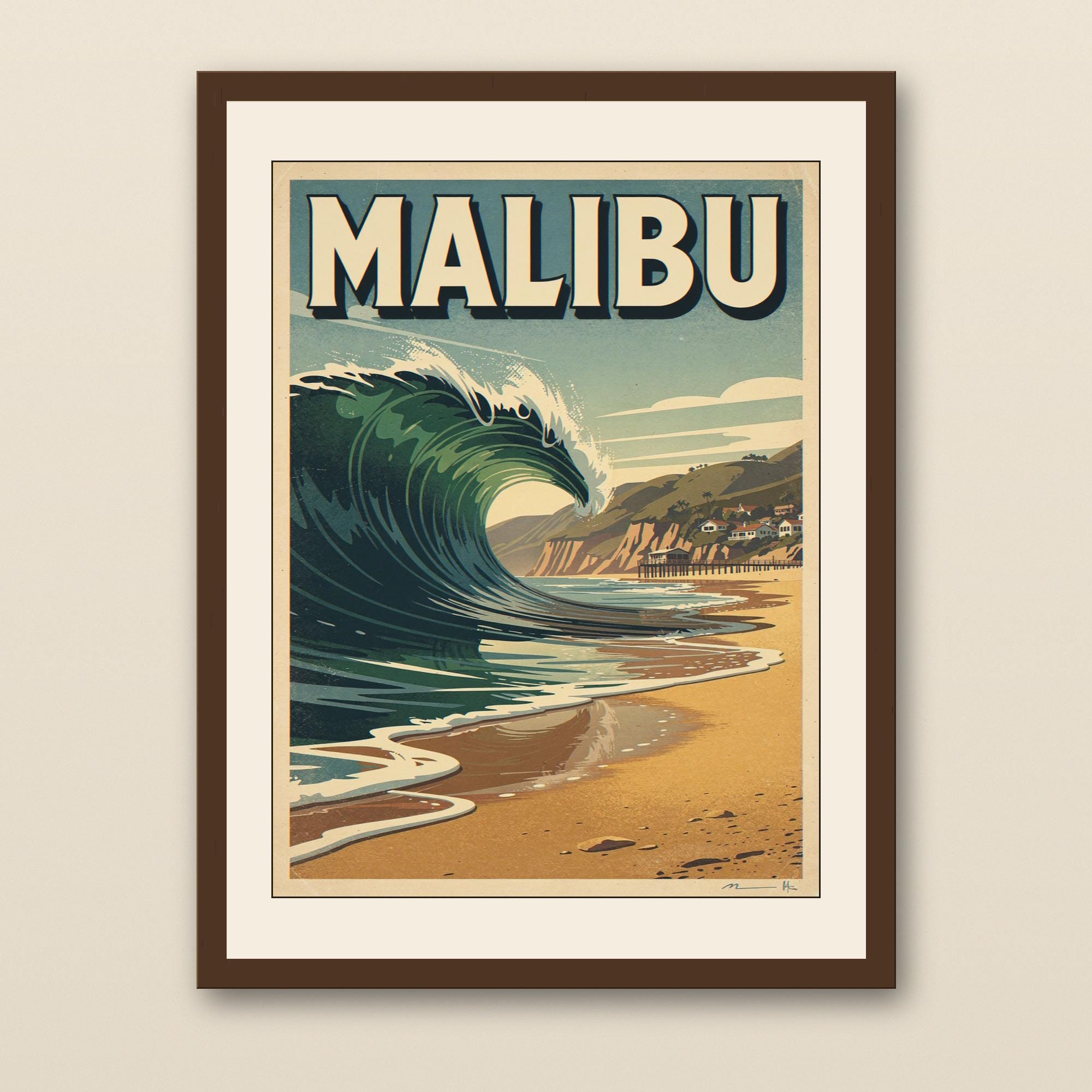 Malibu Surf Poster - walnut framed art print with cream mat on plaster wall