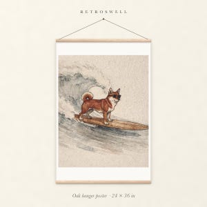 Shiba Inu Surfing oak hanger poster, 24 by 36 inches, with natural wood rails and a hanging cord.