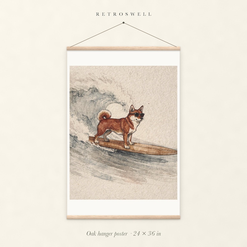 Shiba Inu Surfing oak hanger poster, 24 by 36 inches, with natural wood rails and a hanging cord.