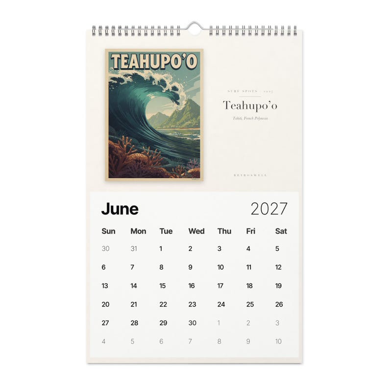 June page of the 2027 Surf Spots calendar: Teahupo’o, Tahiti.