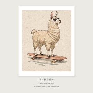 Llama on a Longboard unframed 8 by 10 inch print on enhanced matte paper, shown with its white paper border.