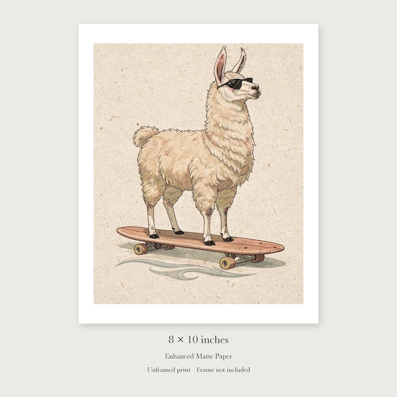 Llama on a Longboard unframed 8 by 10 inch print on enhanced matte paper, shown with its white paper border.