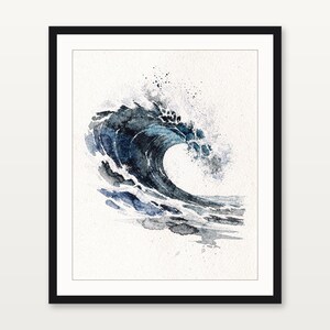 Watercolor Wave Painting Print, Indigo Barrel Ocean Art, Coastal Wall Decor, Surf Art, Beach House Gift, Printable Wall Art Digital Download image 3