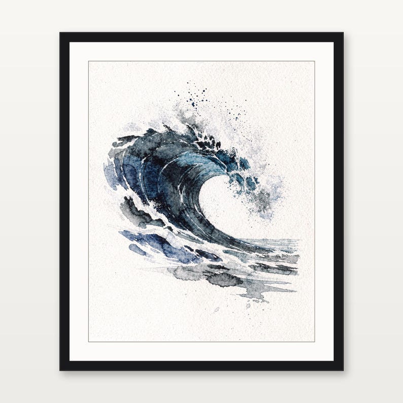 Watercolor Wave Painting Print, Indigo Barrel Ocean Art, Coastal Wall Decor, Surf Art, Beach House Gift, Printable Wall Art Digital Download image 3