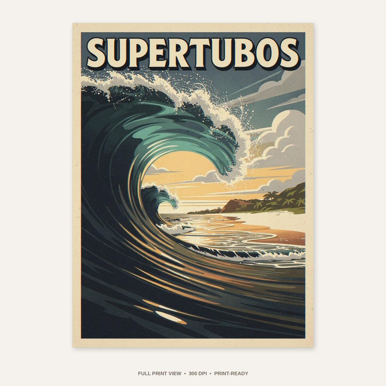 Supertubos Portugal Surf Poster - full unframed print view, 300 DPI print-ready quality