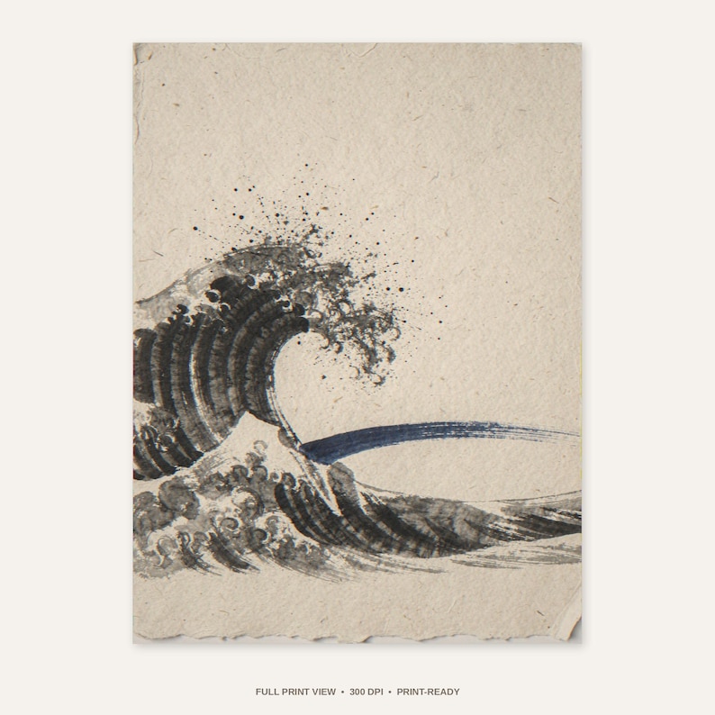 Sumi-e Crashing Wave Print with Indigo Accent (Digital Download)