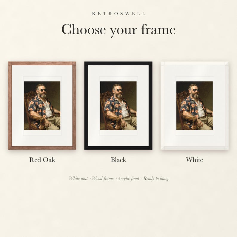 Frame options for Ulysses S. Grant Surfer: Red Oak, black and white wood frames, each with a white mat.