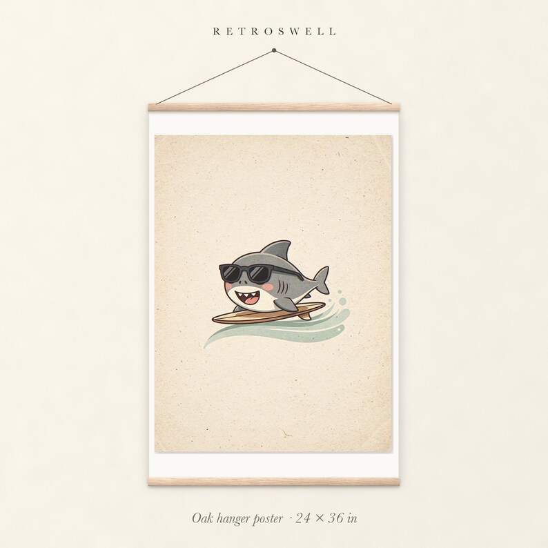 Shark Surfing oak hanger poster, 24 by 36 inches, with natural wood rails and a hanging cord.