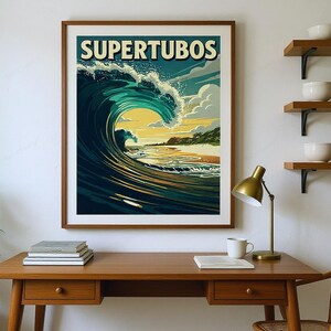 Supertubos Portugal Surf Poster framed in a home office setting